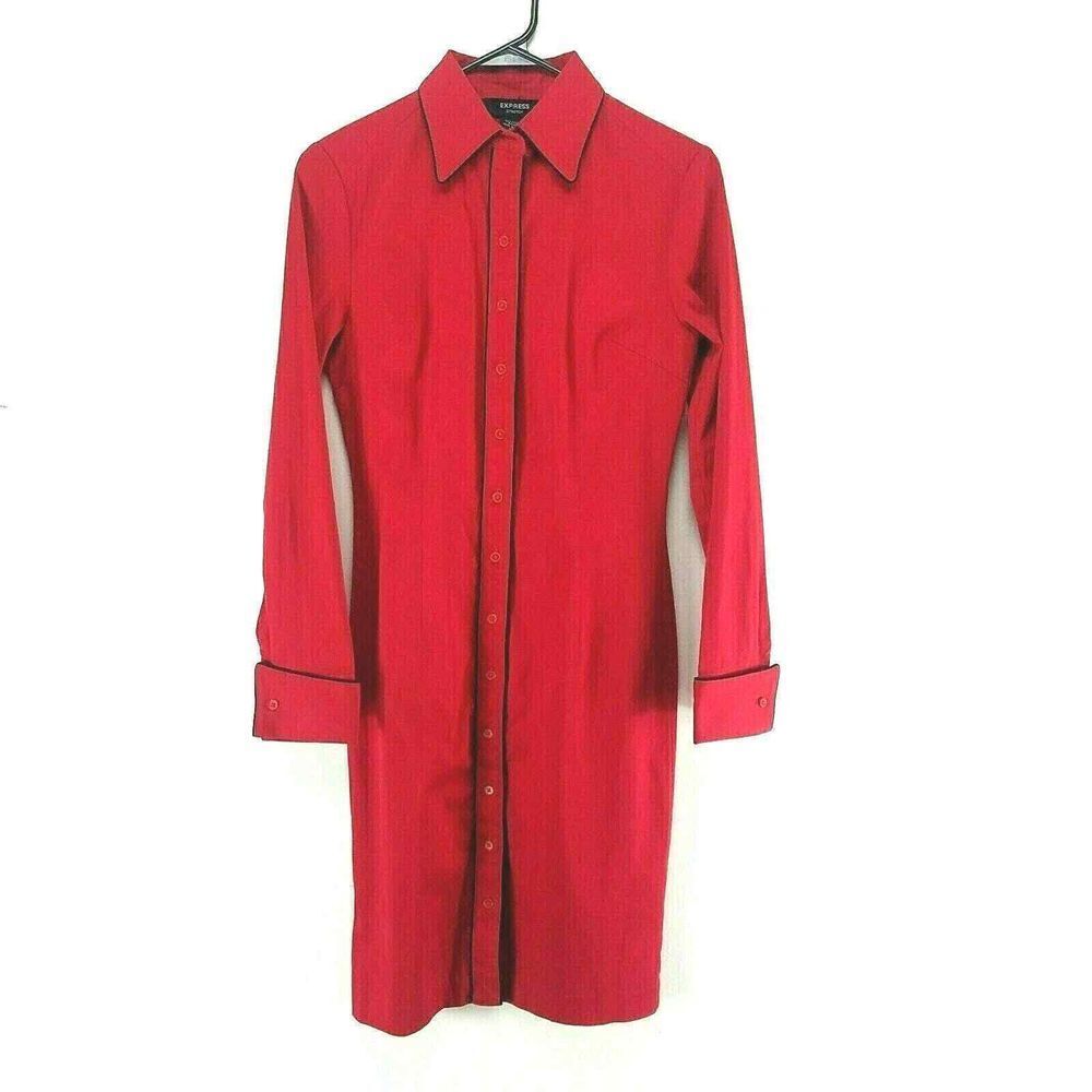 Vtg Y2K Express Shirt Dress Size 1/2 Red Black Button Up Stretch Long Sleeve